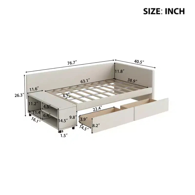 Lit de repos rembourré en bois en forme de L avec étagère de rangement latérale, lit de jour en velours pour chambre à coucher avec 2 tiroirs, taille simple