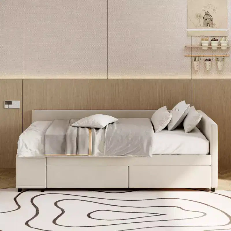 Lit de repos rembourré en bois en forme de L avec étagère de rangement latérale, lit de jour en velours pour chambre à coucher avec 2 tiroirs, taille simple