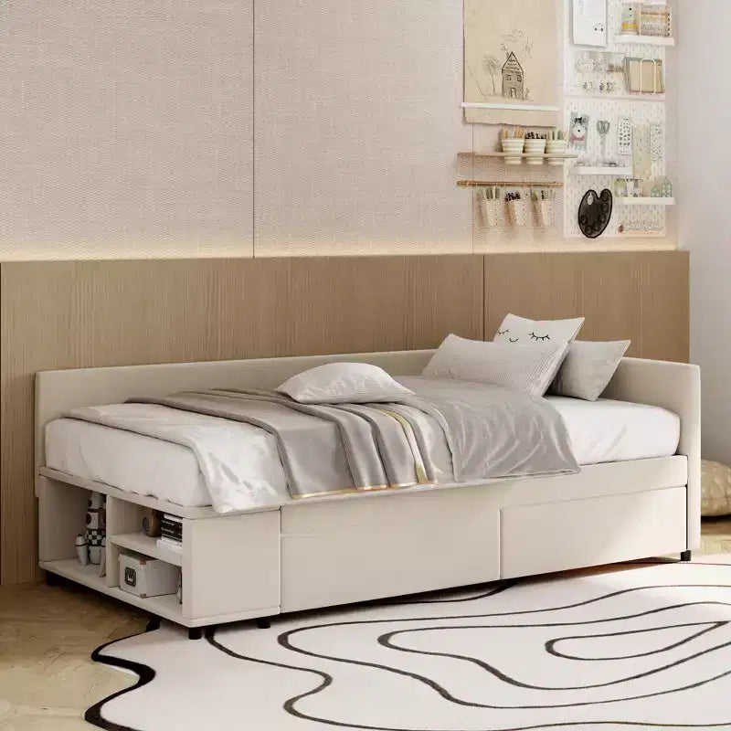 Lit de repos rembourré en bois en forme de L avec étagère de rangement latérale, lit de jour en velours pour chambre à coucher avec 2 tiroirs, taille simple