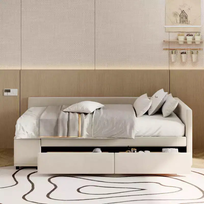 Lit de repos rembourré en bois en forme de L avec étagère de rangement latérale, lit de jour en velours pour chambre à coucher avec 2 tiroirs, taille simple