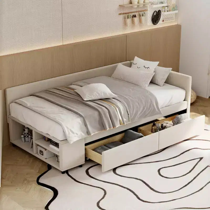 Lit de repos rembourré en bois en forme de L avec étagère de rangement latérale, lit de jour en velours pour chambre à coucher avec 2 tiroirs, taille simple