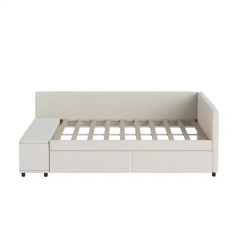 Lit de repos rembourré en bois en forme de L avec étagère de rangement latérale, lit de jour en velours pour chambre à coucher avec 2 tiroirs, taille simple
