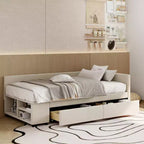 Wood L-Shaped Upholstered Daybed with Side Storage Shelf, Twin Size Velvet Sofa Bed with 2 Drawers for Bedroom