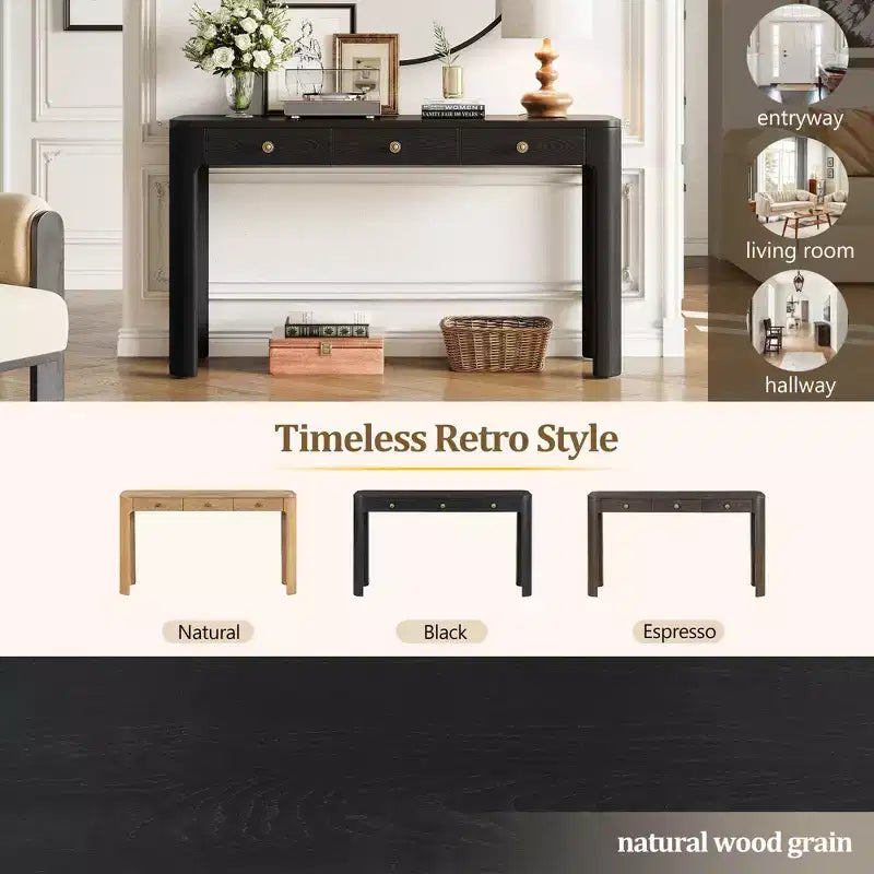 Console Okak en placage de bois vintage avec 3 tiroirs de rangement et coins arrondis, table d'entrée élégante pour foyer, couloir, salon