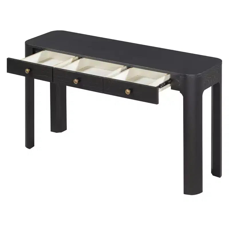 Console Okak en placage de bois vintage avec 3 tiroirs de rangement et coins arrondis, table d'entrée élégante pour foyer, couloir, salon