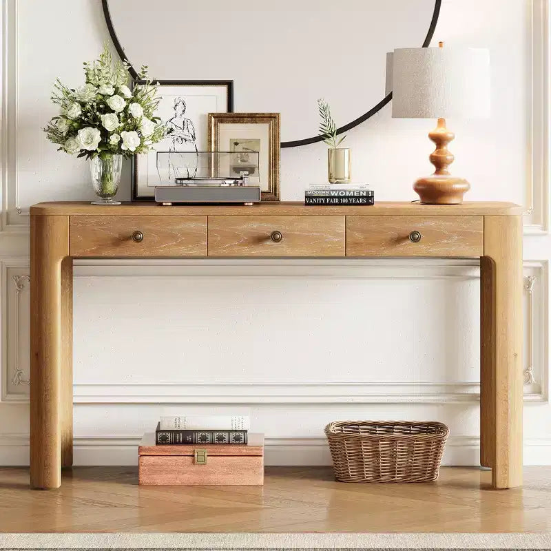 Console Okak en placage de bois vintage avec 3 tiroirs de rangement et coins arrondis, table d'entrée élégante pour foyer, couloir, salon