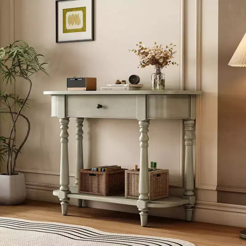 Console étroite vintage avec rangement, Table d'entrée en bois avec tiroir supérieur et étagère ouverte, Table de canapé rétro pour entrée et couloir