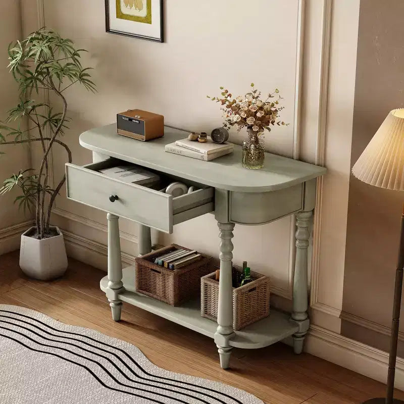 Console étroite vintage avec rangement, Table d'entrée en bois avec tiroir supérieur et étagère ouverte, Table de canapé rétro pour entrée et couloir