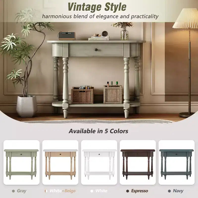 Console étroite vintage avec rangement, Table d'entrée en bois avec tiroir supérieur et étagère ouverte, Table de canapé rétro pour entrée et couloir
