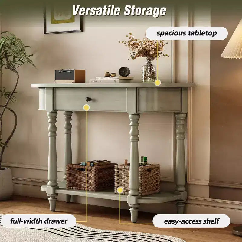 Console étroite vintage avec rangement, Table d'entrée en bois avec tiroir supérieur et étagère ouverte, Table de canapé rétro pour entrée et couloir