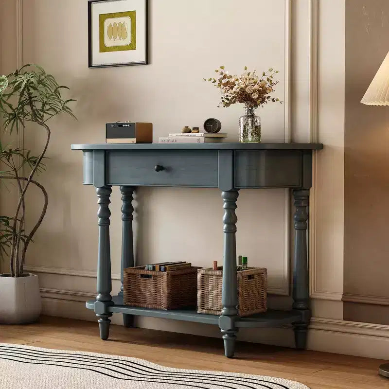 Console étroite vintage avec rangement, Table d'entrée en bois avec tiroir supérieur et étagère ouverte, Table de canapé rétro pour entrée et couloir