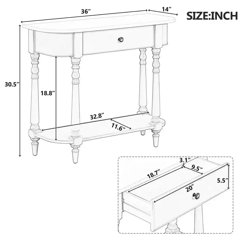 Console étroite vintage avec rangement, Table d'entrée en bois avec tiroir supérieur et étagère ouverte, Table de canapé rétro pour entrée et couloir