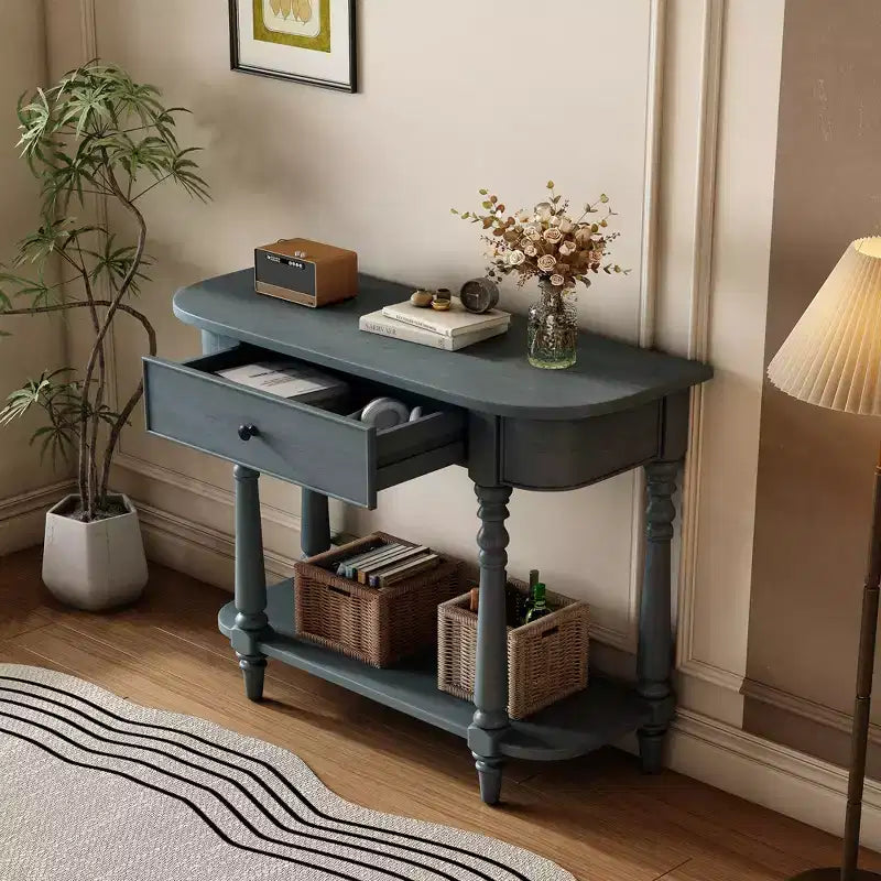 Console étroite vintage avec rangement, Table d'entrée en bois avec tiroir supérieur et étagère ouverte, Table de canapé rétro pour entrée et couloir
