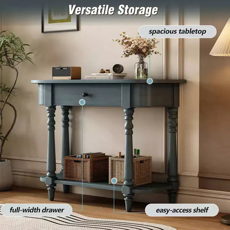 Console étroite vintage avec rangement, Table d'entrée en bois avec tiroir supérieur et étagère ouverte, Table de canapé rétro pour entrée et couloir