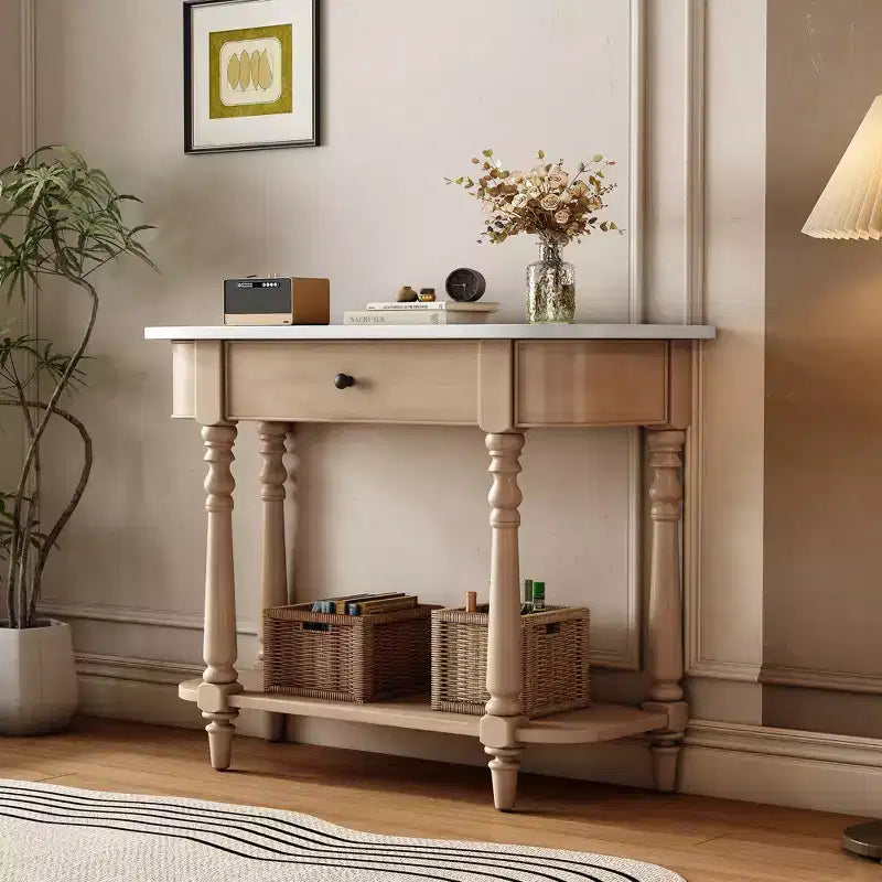 Console étroite vintage avec rangement, Table d'entrée en bois avec tiroir supérieur et étagère ouverte, Table de canapé rétro pour entrée et couloir