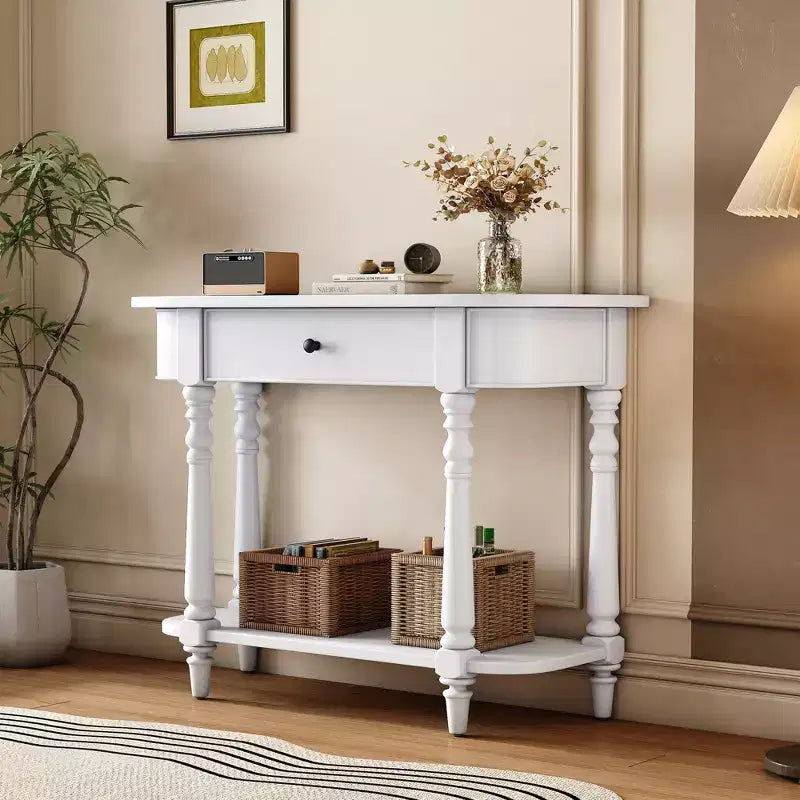 Console étroite vintage avec rangement, Table d'entrée en bois avec tiroir supérieur et étagère ouverte, Table de canapé rétro pour entrée et couloir