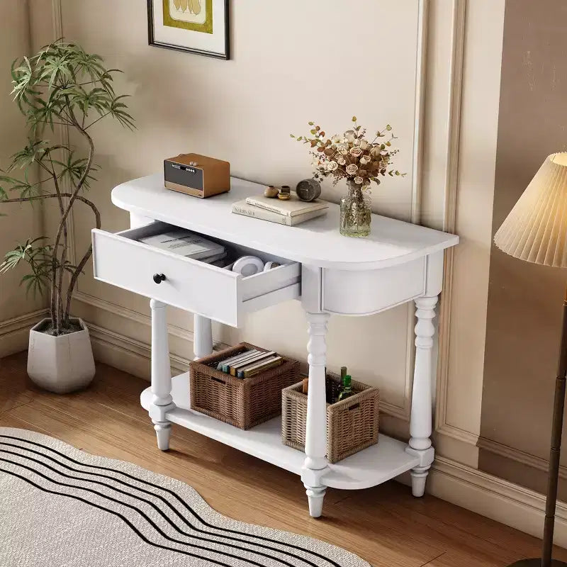 Console étroite vintage avec rangement, Table d'entrée en bois avec tiroir supérieur et étagère ouverte, Table de canapé rétro pour entrée et couloir