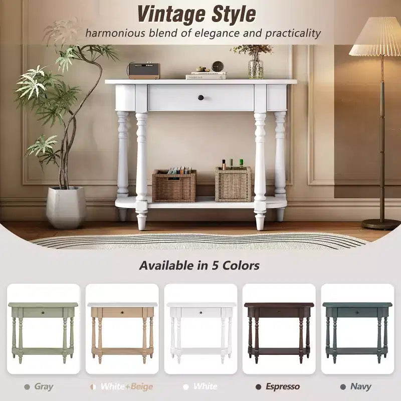 Console étroite vintage avec rangement, Table d'entrée en bois avec tiroir supérieur et étagère ouverte, Table de canapé rétro pour entrée et couloir