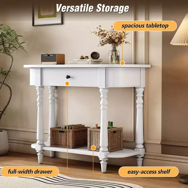 Console étroite vintage avec rangement, Table d'entrée en bois avec tiroir supérieur et étagère ouverte, Table de canapé rétro pour entrée et couloir