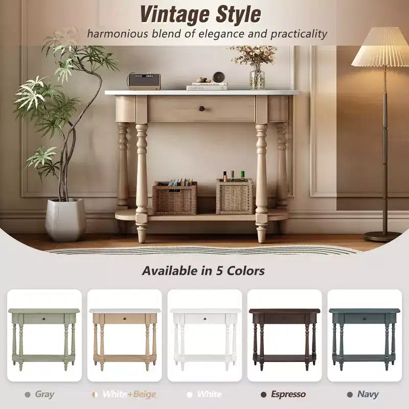 Console étroite vintage avec rangement, Table d'entrée en bois avec tiroir supérieur et étagère ouverte, Table de canapé rétro pour entrée et couloir