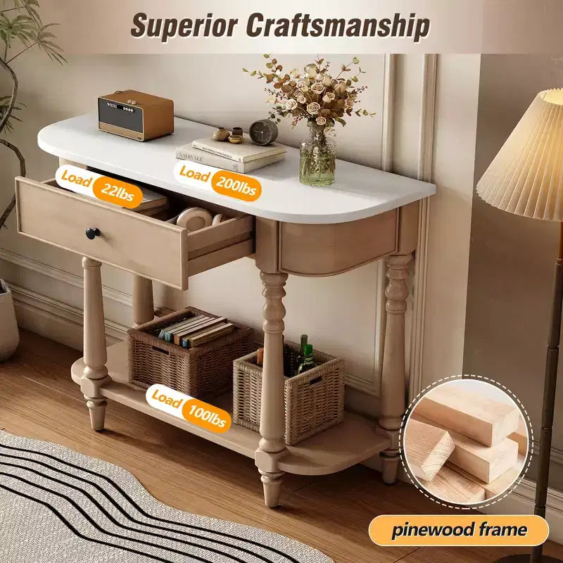 Console étroite vintage avec rangement, Table d'entrée en bois avec tiroir supérieur et étagère ouverte, Table de canapé rétro pour entrée et couloir