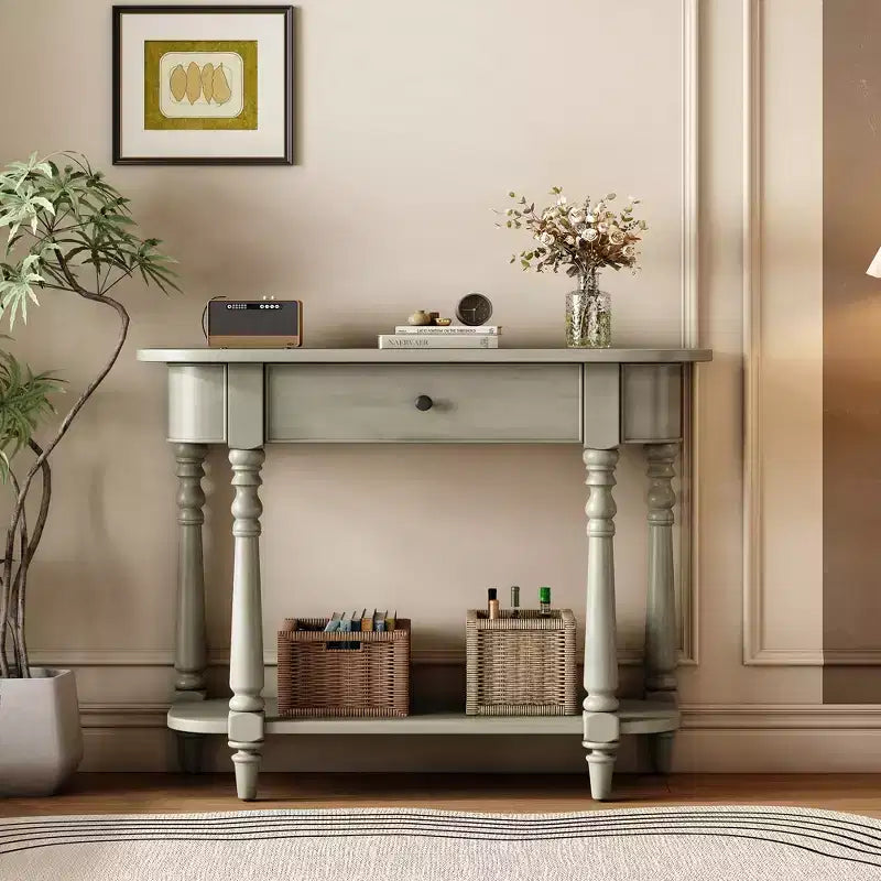 Console étroite vintage avec rangement, Table d'entrée en bois avec tiroir supérieur et étagère ouverte, Table de canapé rétro pour entrée et couloir