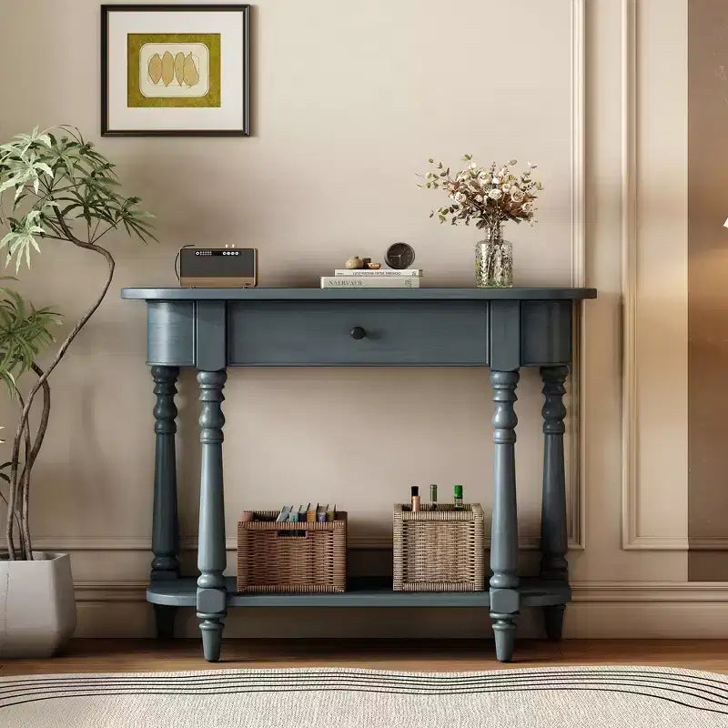 Console étroite vintage avec rangement, Table d'entrée en bois avec tiroir supérieur et étagère ouverte, Table de canapé rétro pour entrée et couloir