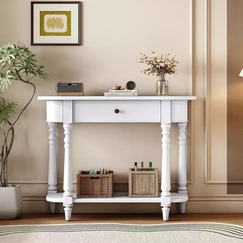 Console étroite vintage avec rangement, Table d'entrée en bois avec tiroir supérieur et étagère ouverte, Table de canapé rétro pour entrée et couloir