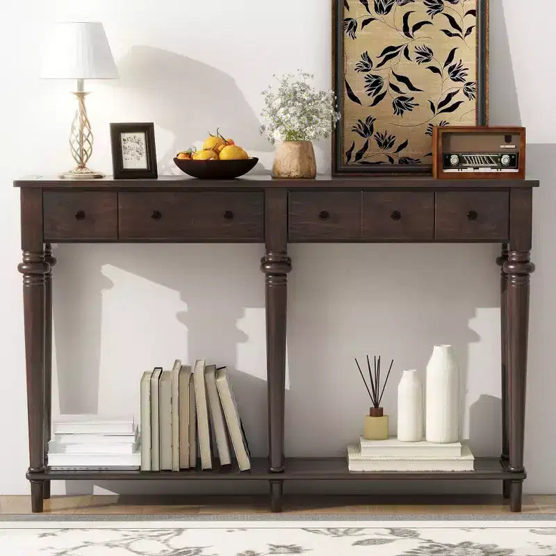 Console étroite vintage avec rangement, Table d'entrée en bois avec 4 tiroirs et étagère ouverte pour entrées, salons et couloirs