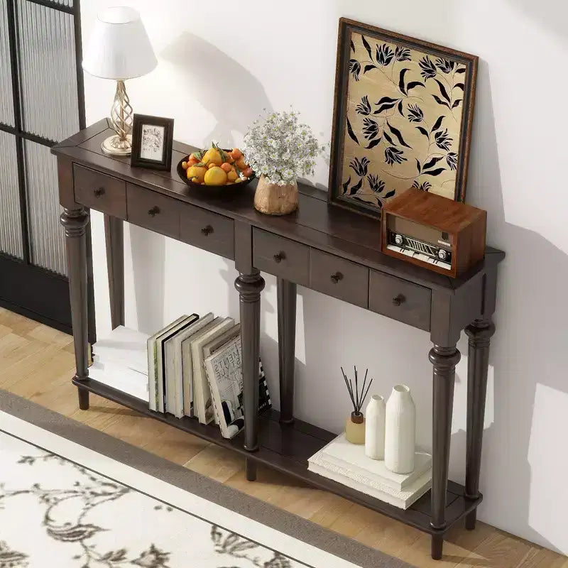 Console étroite vintage avec rangement, Table d'entrée en bois avec 4 tiroirs et étagère ouverte pour entrées, salons et couloirs