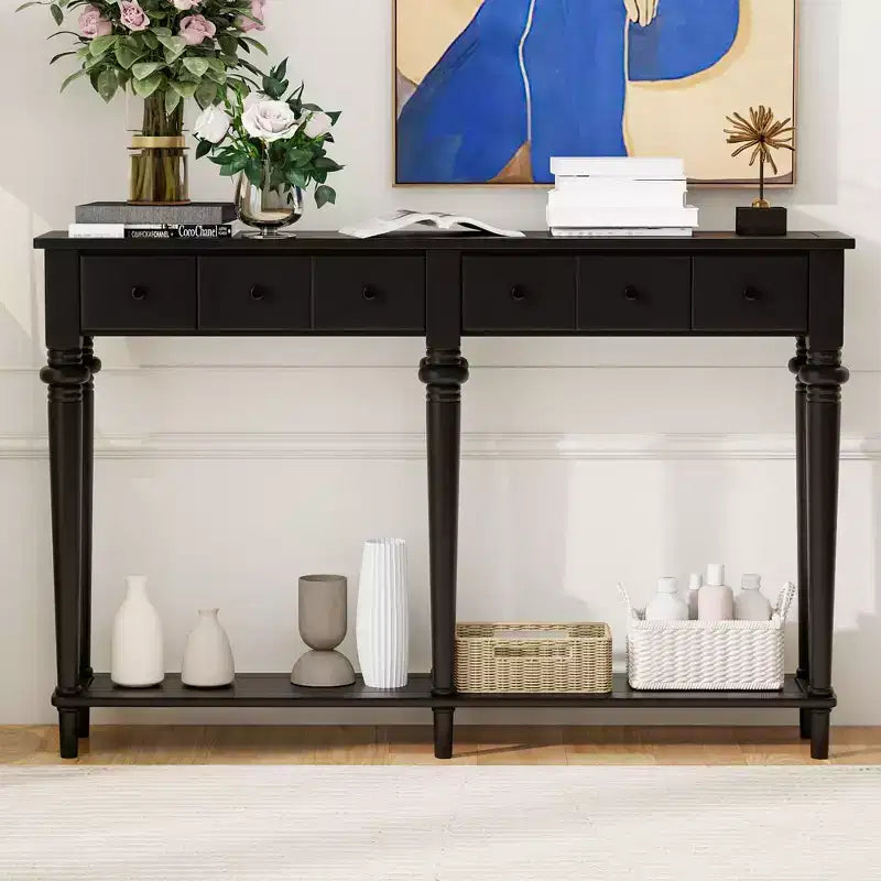 Console étroite vintage avec rangement, Table d'entrée en bois avec 4 tiroirs et étagère ouverte pour entrées, salons et couloirs