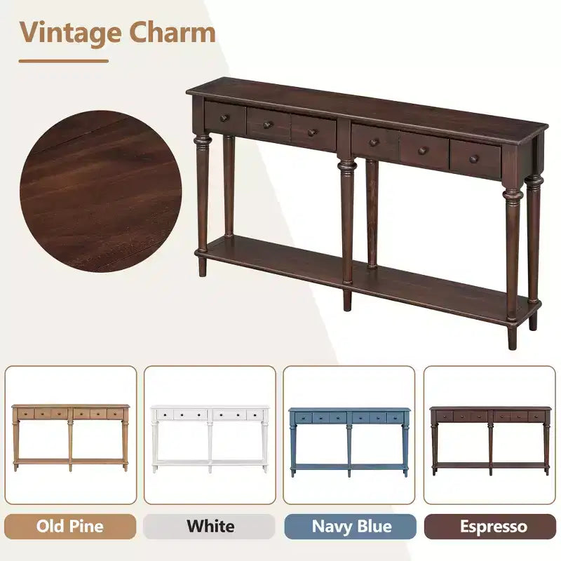 Console étroite vintage avec rangement, Table d'entrée en bois avec 4 tiroirs et étagère ouverte pour entrées, salons et couloirs