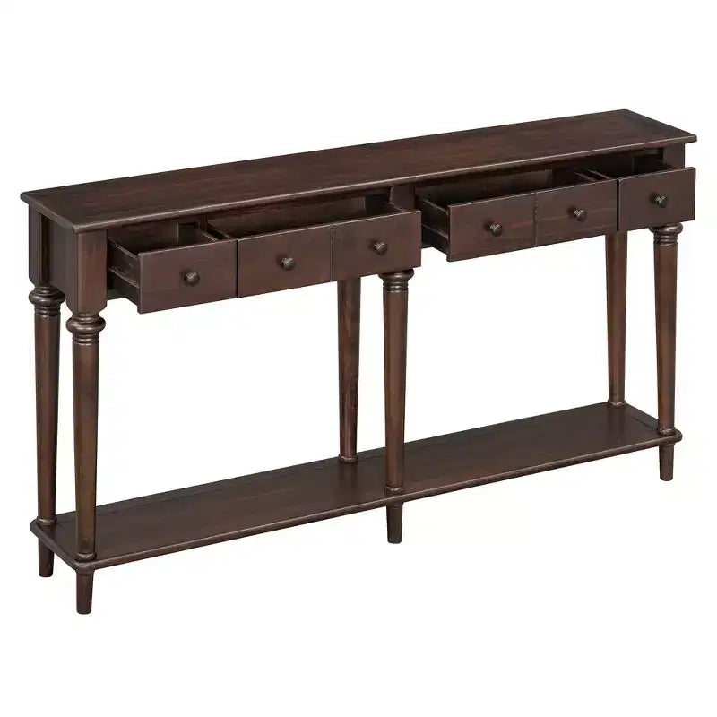 Console étroite vintage avec rangement, Table d'entrée en bois avec 4 tiroirs et étagère ouverte pour entrées, salons et couloirs