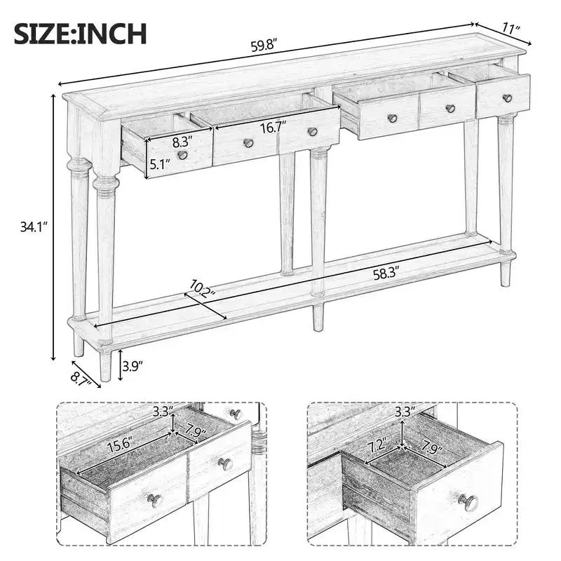 Console étroite vintage avec rangement, Table d'entrée en bois avec 4 tiroirs et étagère ouverte pour entrées, salons et couloirs