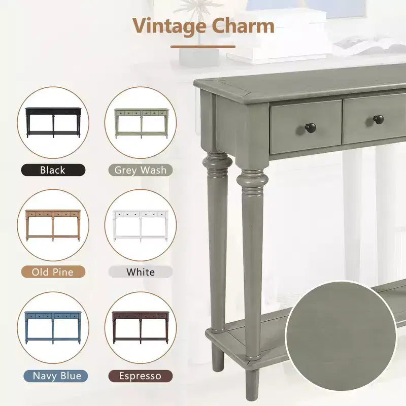 Console étroite vintage avec rangement, Table d'entrée en bois avec 4 tiroirs et étagère ouverte pour entrées, salons et couloirs