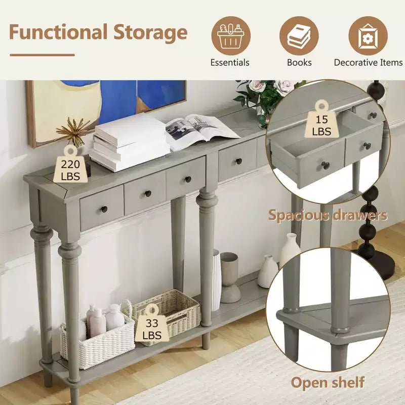 Console étroite vintage avec rangement, Table d'entrée en bois avec 4 tiroirs et étagère ouverte pour entrées, salons et couloirs