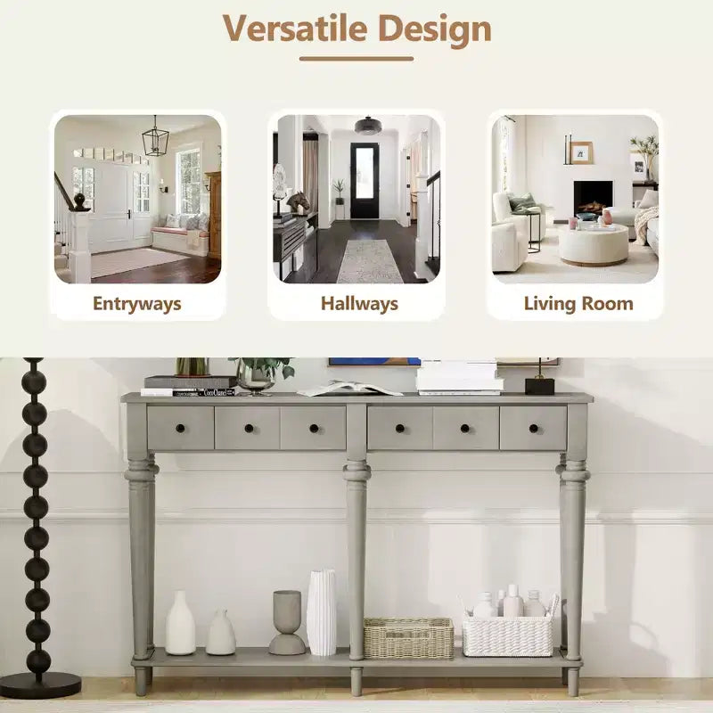 Console étroite vintage avec rangement, Table d'entrée en bois avec 4 tiroirs et étagère ouverte pour entrées, salons et couloirs