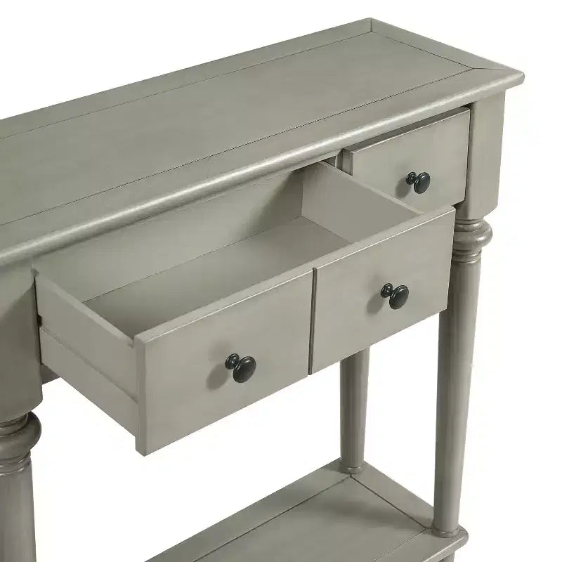 Console étroite vintage avec rangement, Table d'entrée en bois avec 4 tiroirs et étagère ouverte pour entrées, salons et couloirs