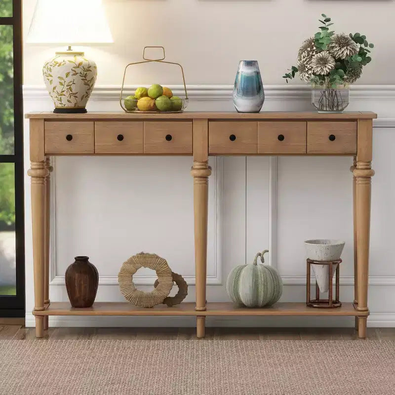 Console étroite vintage avec rangement, Table d'entrée en bois avec 4 tiroirs et étagère ouverte pour entrées, salons et couloirs