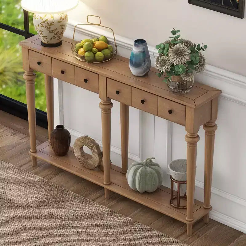 Console étroite vintage avec rangement, Table d'entrée en bois avec 4 tiroirs et étagère ouverte pour entrées, salons et couloirs