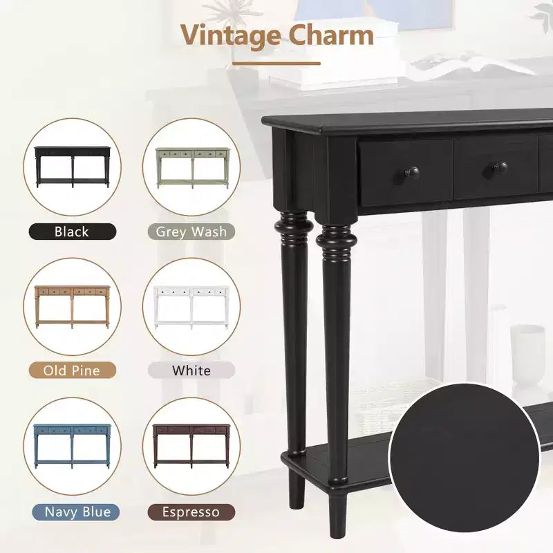 Console étroite vintage avec rangement, Table d'entrée en bois avec 4 tiroirs et étagère ouverte pour entrées, salons et couloirs