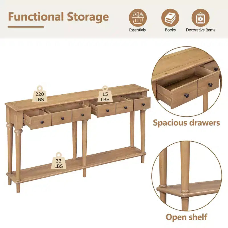 Console étroite vintage avec rangement, Table d'entrée en bois avec 4 tiroirs et étagère ouverte pour entrées, salons et couloirs