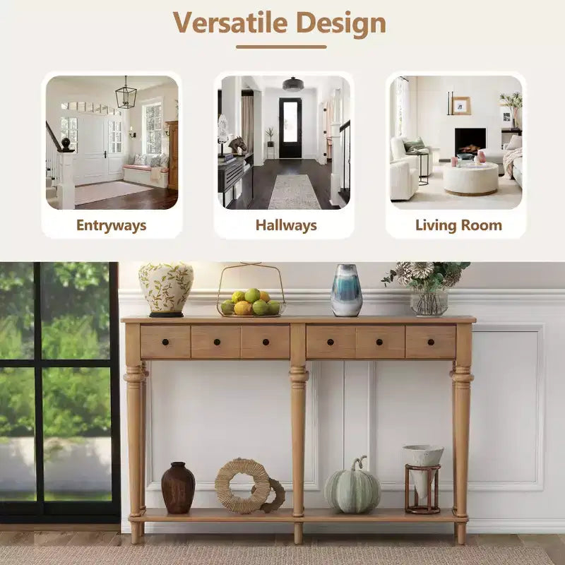 Console étroite vintage avec rangement, Table d'entrée en bois avec 4 tiroirs et étagère ouverte pour entrées, salons et couloirs