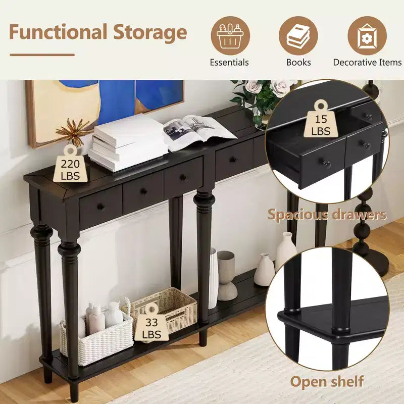 Console étroite vintage avec rangement, Table d'entrée en bois avec 4 tiroirs et étagère ouverte pour entrées, salons et couloirs
