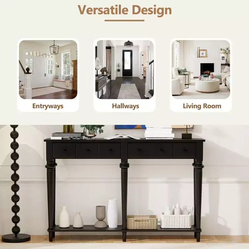 Console étroite vintage avec rangement, Table d'entrée en bois avec 4 tiroirs et étagère ouverte pour entrées, salons et couloirs