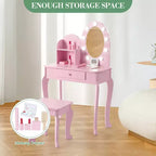 Coiffeuse de Princesse pour Enfants, Table et Tabouret de Maquillage pour Petite Fille avec Miroir Lumineux, Ensemble de Jeu de Maquillage, Tiroir de Rangement