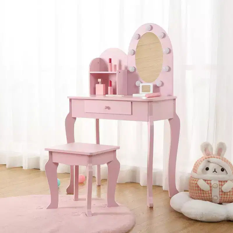 Coiffeuse de Princesse pour Enfants, Table et Tabouret de Maquillage pour Petite Fille avec Miroir Lumineux, Ensemble de Jeu de Maquillage, Tiroir de Rangement