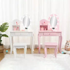 Coiffeuse de Princesse pour Enfants, Table et Tabouret de Maquillage pour Petite Fille avec Miroir Lumineux, Ensemble de Jeu de Maquillage, Tiroir de Rangement