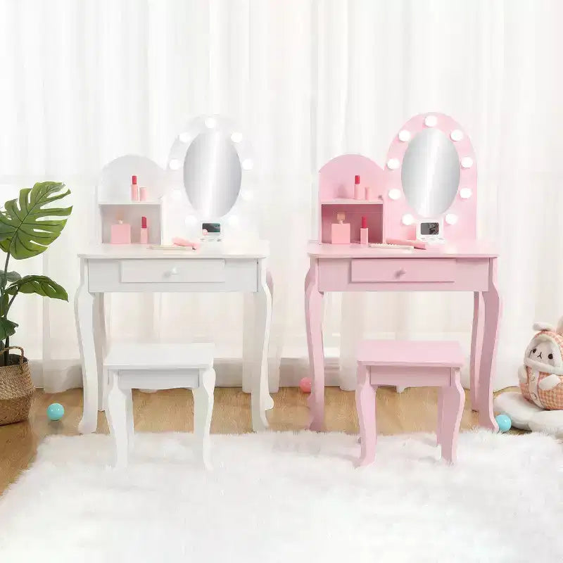 Coiffeuse de Princesse pour Enfants, Table et Tabouret de Maquillage pour Petite Fille avec Miroir Lumineux, Ensemble de Jeu de Maquillage, Tiroir de Rangement