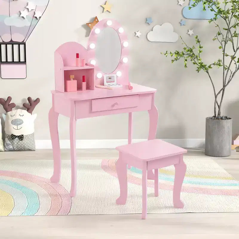 Coiffeuse de Princesse pour Enfants, Table et Tabouret de Maquillage pour Petite Fille avec Miroir Lumineux, Ensemble de Jeu de Maquillage, Tiroir de Rangement